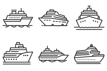 Obraz premium Collection of cruise ship line icons isolated on white background for travel and transportation