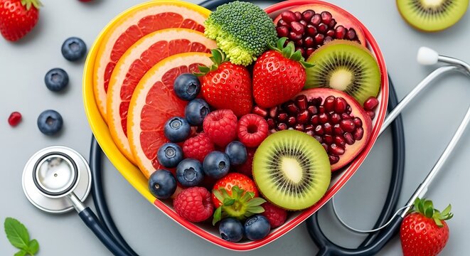 Heart shaped fruit bowl with stethoscope healthy eating - Powered by Adobe