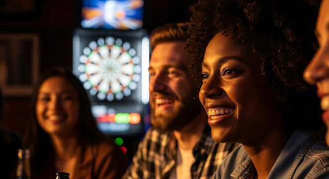 Happy friends enjoying darts game laughing