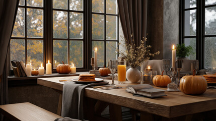 Elegant autumn dining table setting with pumpkins candles cozy decor rustic accents seasonal colors warm ambiance harvest theme festive atmosphere modern interior design