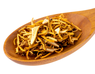 Cordyceps Sinensis on Wooden Spoon, Isolated on Transparent Background PNG