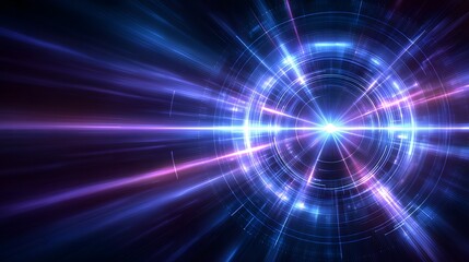 Obraz premium Futuristic cyber tech abstract background with neon blue and purple radial light burst, metallic surfaces, subtle digital noise, and central radial symmetry, ideal for banners and technology designs.