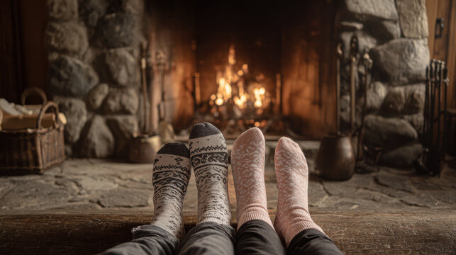 Cozy feet warming up by the fireplace on a cold autumn evening. - Powered by Adobe