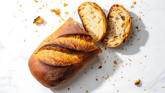 Overhead view of a freshly baked rustic sourdough bread loaf with two slices and crumbs on a bright white marble surface