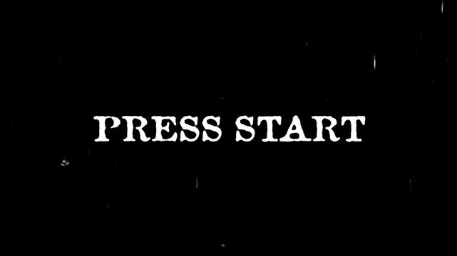Press Start Screen With Bad Glitch Effect/ Animation Game of a game start with pixelated digital text blinking and dirty glitch effects