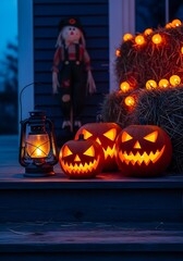 Glowing jackolanterns and lantern on wooden steps halloween