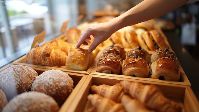 A hand selecting a warm golden pastry from an inviting wooden display of assorted baked goods in a bakery.
