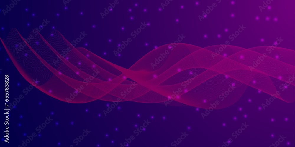 Poster abstract wave of light particles. purple and blue wave of dots and lines on dark blue background. co