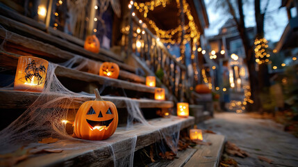 Beautiful Halloween pumpkins and autumn outdoor decorations with spooky lights and festive ambiance creating a cheerful seasonal celebration scene