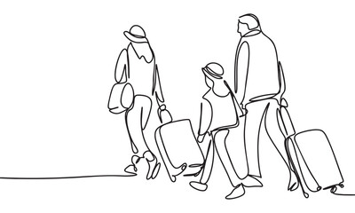 Family Traveling with Luggage Line Art Illustration