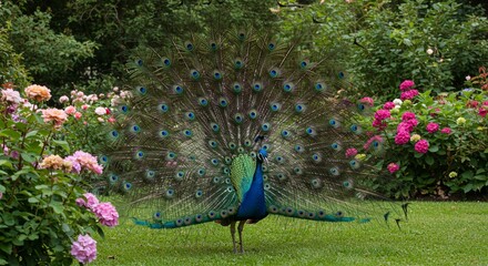 Obraz premium A peacock spreading its vibrant tail feathers in a lush garden