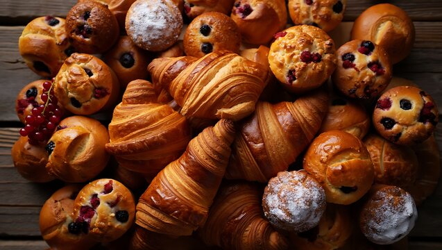 Overhead close-up of a delightful full frame assortment of golden croissants, berry muffins, and sweet pastries.