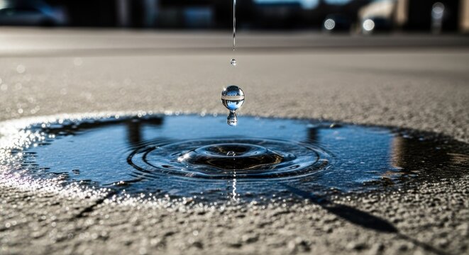 Water droplet falling into a puddle, creating ripples