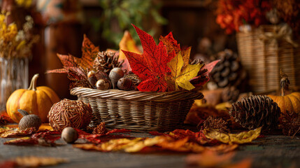Autumn leaves and pumpkins create a warm and cozy Thanksgiving scene.