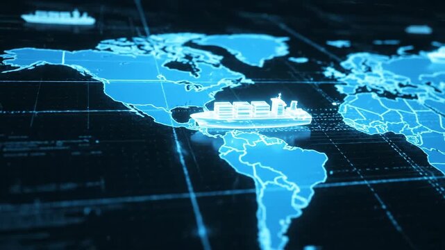 Global Logistics and Cargo Shipping - A holographic container ship sails across a digital world map, illustrating global trade and the interconnectedness of international shipping.