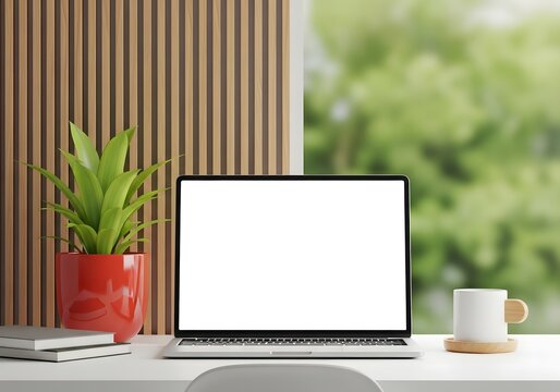 Work Desk Setup with Laptop and Potted Plant