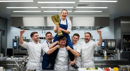 The Taste of Victory: A Team of Chefs Erupts in Celebration After Winning a High-Stakes Culinary Competition.