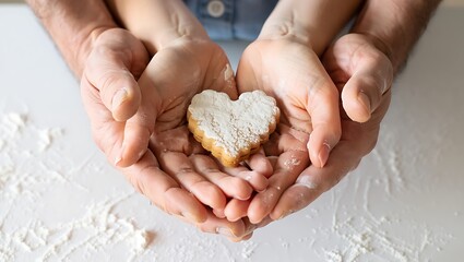 Close-up of adult and child hands gently cupping a heart-shaped sugar cookie dusted with powdered sugar.