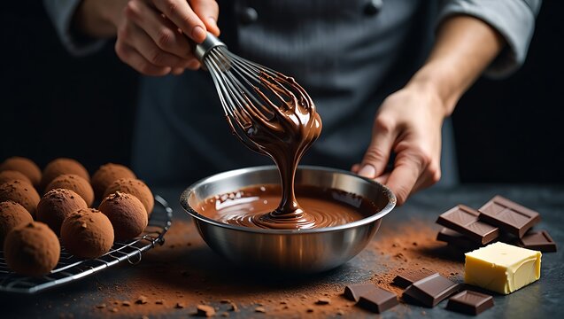 Close-up of hands whisking rich melting chocolate in a metal bowl, surrounded by truffles and chocolate bars. - Powered by Adobe