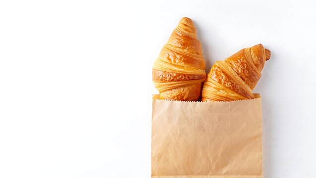 Minimalist top-down view of two golden, flaky croissants peeking from a plain brown paper bag on a clean white background.
