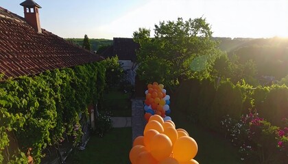 Colorful balloons adorn a garden setting near a house.
