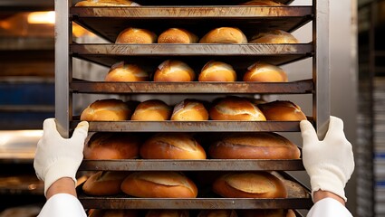 Close-up of gloved hands carefully moving a large metal rack filled with rows of freshly baked golden-brown artisan bread loaves in a commercial bakery.