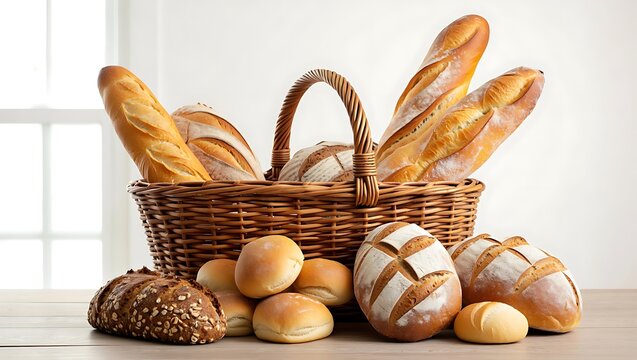 Rustic wicker basket overflowing with an abundant assortment of freshly baked golden artisan breads, including baguettes and rolls, on a light wooden table by a window. - Powered by Adobe