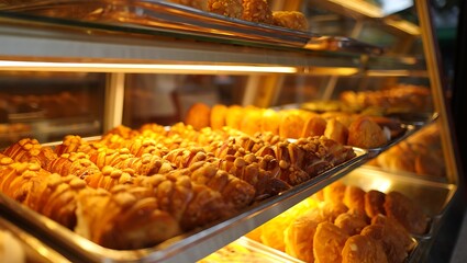Brightly lit glass display case in a modern bakery showcasing an abundant variety of golden-brown pastries, including sweet tarts and rolls, arranged on metal trays.