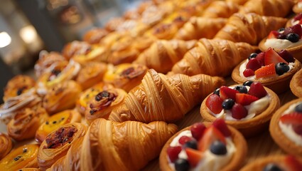 Warmly lit display of abundant golden croissants and vibrant berry tarts with fresh fruit and cream in a bakery.