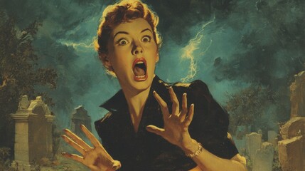 Vintage horror illustration of a 1950s woman screaming in terror in a cemetery scene