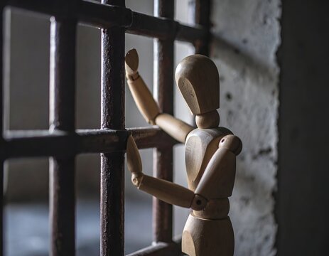 留置所の冷たい床に座るデッサン人形