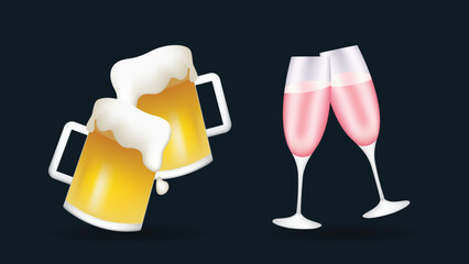 Two glasses with fresh yellow beer and champagne glasses with pink color drink © Turkan Jabbarli
