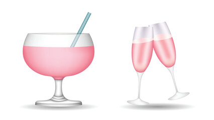 Cocktail glass and champagne glasses with pink color drink