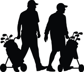 Golfers, silhouette, walking, golf bags, golf clubs, outdoor, sports, leisure, activity, black, white, image, equipment, golfing, teamwork, motion, lifestyle, fitness, scenic, companionship.