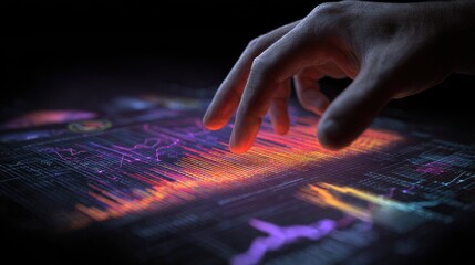 Hand interacts with glowing data display