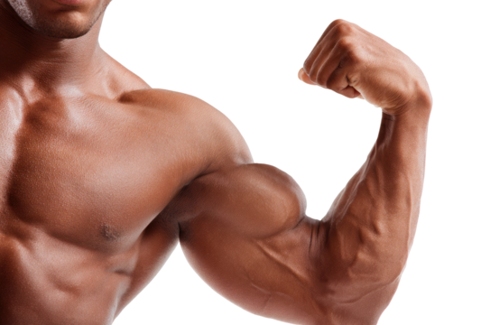 Muscular man flexing his arm and showing bicep on transparent background