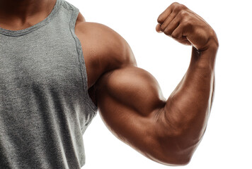Muscular man flexing his arm and showing bicep in gray tank top on transparent background
