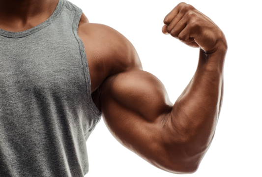 Muscular man flexing his arm and showing bicep in gray tank top on transparent background - Powered by Adobe