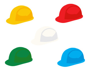 Five colorful construction worker hard hats arranged against a white background, ready for use.