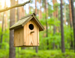 Wooden birdhouse hanging in a forest