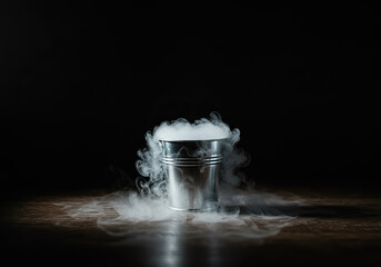 Empty metallic bucket with smoke or freezing air flow out from inside like dry ice effect