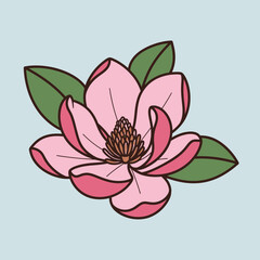 Fototapeta premium Pink flower with green leaves on a light blue background.
