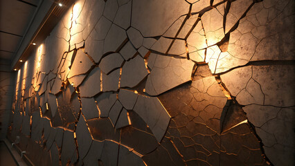 Curved hexagonal wall with golden lighting, cracked concrete surface creates dramatic shadows, futuristic architectural design with warm illumination effects.