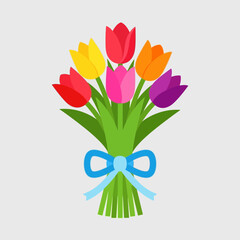 Colorful bouquet of tulips tied with a blue ribbon.