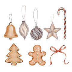 Hand-drawn watercolor set of Christmas cookies, candy cane, bow and festive ornaments on white background. Perfect for greeting cards, invitations, packaging, and holiday design.