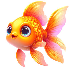 A vibrant, cartoonish goldfish with large, expressive eyes and colorful scales is depicted isolated on a transparent background.