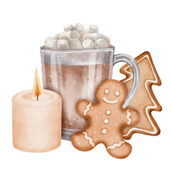 A watercolor illustration of a cozy winter composition: a mug of cocoa with marshmallows, a lit candle and gingerbread cookies in the form of a man and a Christmas tree. 