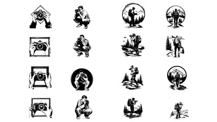 Vintage Outdoor and Travel Photographer Vector Illustrations Set

