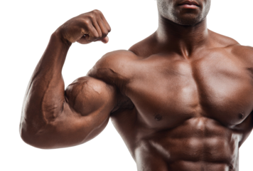 Strong muscular man flexing his arm and showing his physique on transparent background