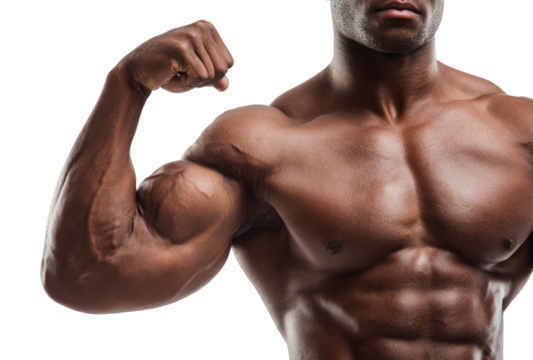 Strong muscular man flexing his arm and showing his physique on transparent background